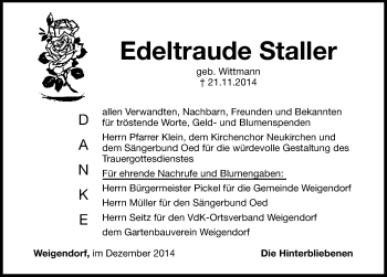 Traueranzeige von Edeltraude Staller von Hersbrucker Zeitung
