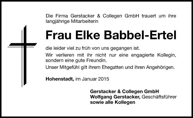  Traueranzeige für Elke Babbel-Ertel vom 03.01.2015 aus Hersbrucker Zeitung
