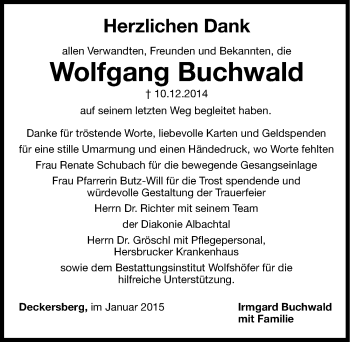 Traueranzeige von Wolfgang Buchwald von Hersbrucker Zeitung