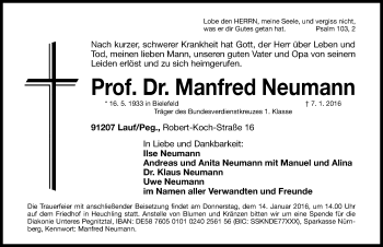 Traueranzeige von Manfred Neumann von Pegnitz-Zeitung
