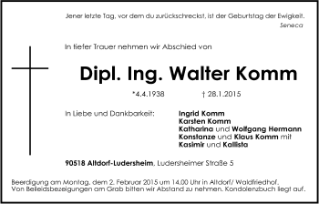 Traueranzeige von Walter Komm von Der Bote