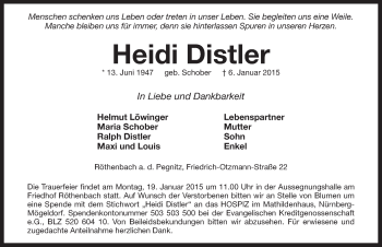 Traueranzeige von Heidi Distler von Pegnitz-Zeitung