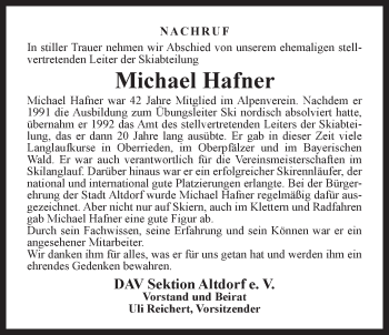 Traueranzeige von Michael Hafner von Der Bote