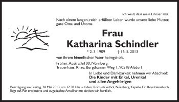 Traueranzeige von Katharina Schindler von Der Bote