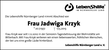 Traueranzeige von Jadwiga Krzyk von Der Bote