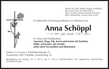 Traueranzeige von Anna Schöppl von Der Bote
