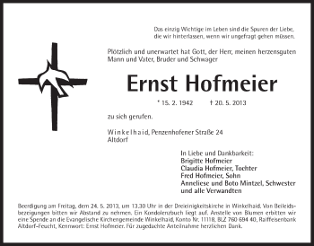 Traueranzeige von Ernst Hofmeier von Der Bote