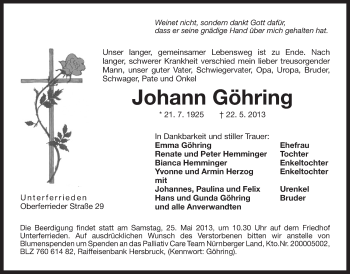 Traueranzeige von Johann Göhring von Der Bote