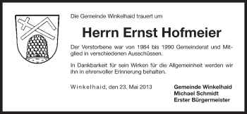 Traueranzeige von Ernst Hofmeier von Der Bote