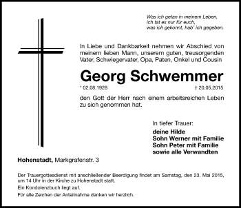 Traueranzeige von Georg Schwemmer von Hersbrucker Zeitung