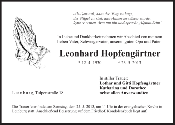Traueranzeige von Leonhard Hopfengärtner von Der Bote