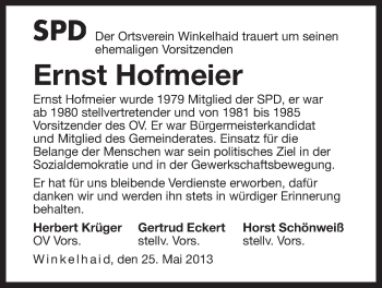Traueranzeige von Ernst Hofmeier von Der Bote