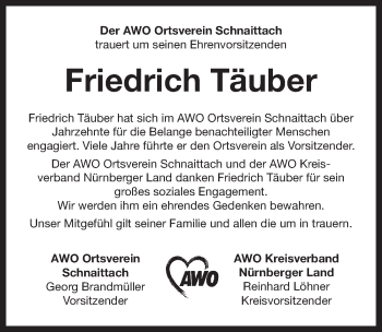 Traueranzeige von Friedrich Täuber von Pegnitz-Zeitung