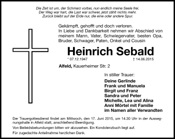 Traueranzeige von Heinrich Sebald von Hersbrucker Zeitung