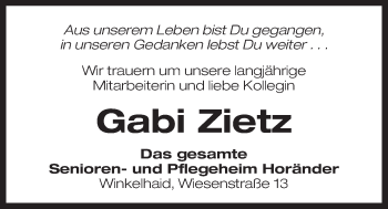 Traueranzeige von Gabi Zietz von Der Bote
