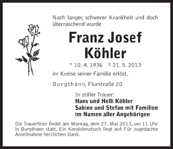 Traueranzeige von Franz Josef Köhler von Der Bote