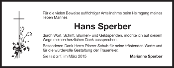 Traueranzeige von Hans Sperber von Der Bote