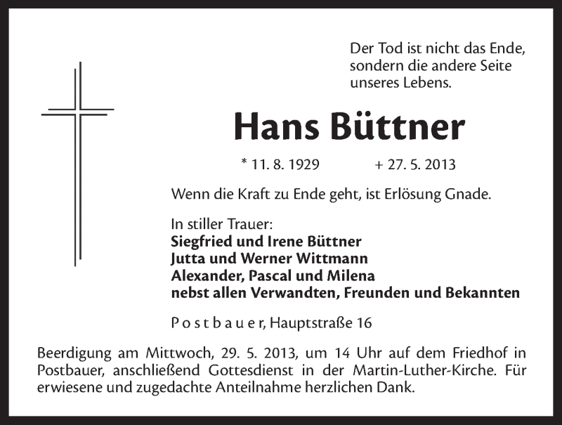  Traueranzeige für Hans Büttner vom 28.05.2013 aus Der Bote