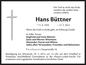 Traueranzeige von Hans Büttner von Der Bote