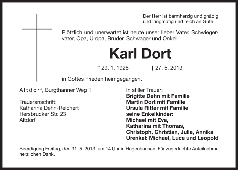  Traueranzeige für Karl Dort vom 29.05.2013 aus Der Bote
