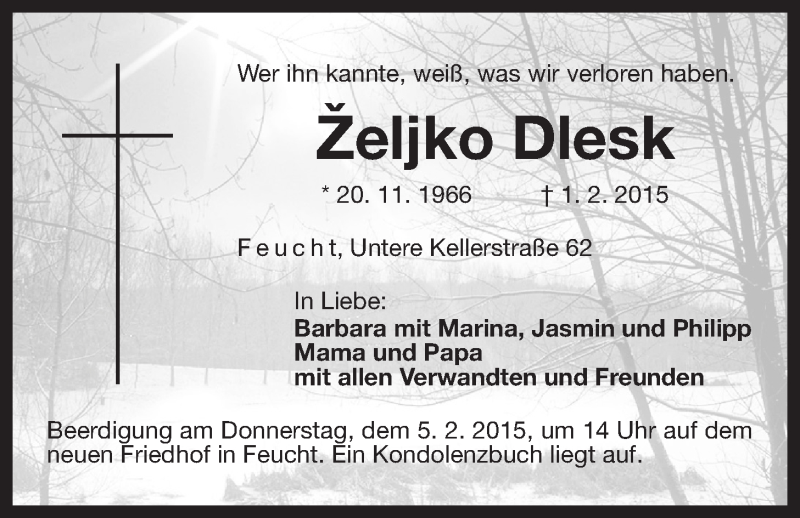  Traueranzeige für Željko Dlesk vom 04.02.2015 aus Der Bote