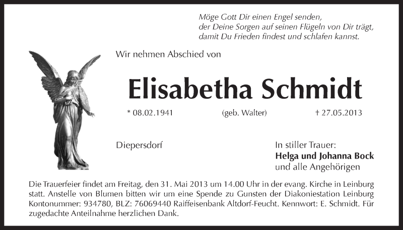  Traueranzeige für Elisabetha Schmidt vom 30.05.2013 aus Der Bote