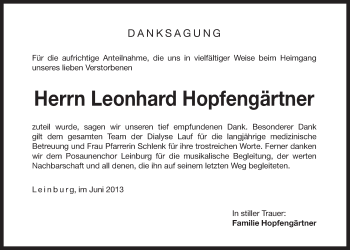 Traueranzeige von Leonhard Hopfengärtner von Der Bote
