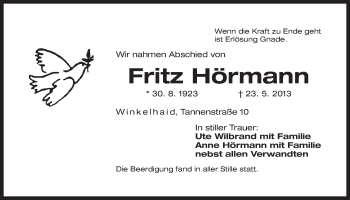 Traueranzeige von Fritz Hörmann von Der Bote