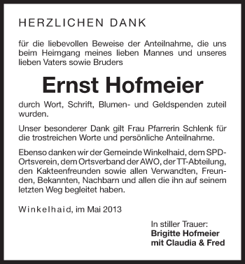 Traueranzeige von Ernst Hofmeier von Der Bote