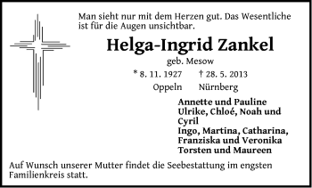 Traueranzeige von Helga-Ingrid Zankel von Der Bote