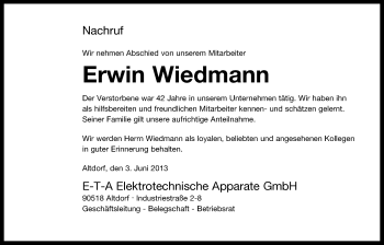 Traueranzeige von Erwin Wiedmann von Der Bote