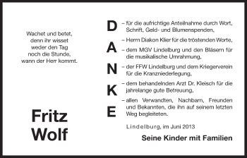 Traueranzeige von Fritz Wolf von Der Bote