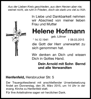 Traueranzeige von Helene Hofmann von Hersbrucker Zeitung