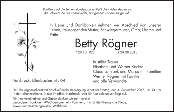 Traueranzeige von Betty Rögner von Hersbrucker Zeitung