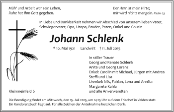 Traueranzeige von Johann Schlenk von Hersbrucker Zeitung