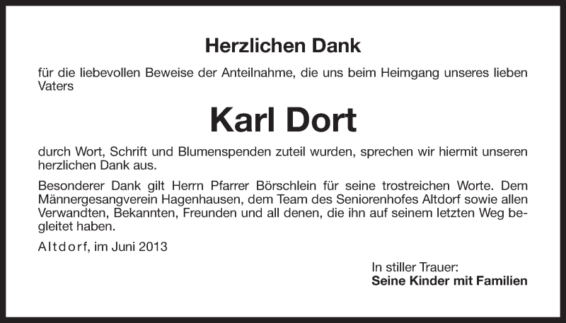  Traueranzeige für Karl Dort vom 08.06.2013 aus Der Bote
