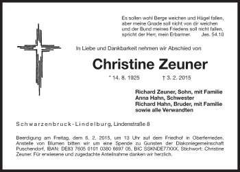 Traueranzeige von Christine Zeuner von Der Bote