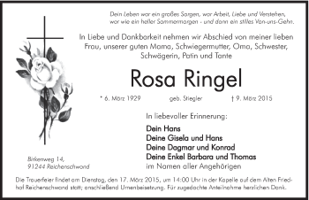 Traueranzeige von Rosa Ringel von Hersbrucker Zeitung