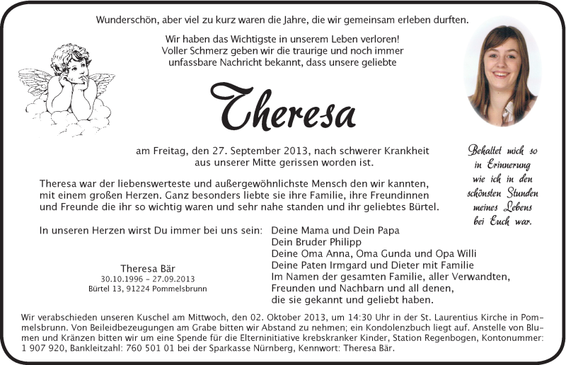  Traueranzeige für Theresa Bär vom 30.09.2013 aus Hersbrucker Zeitung