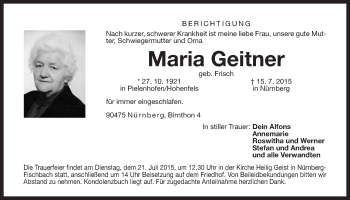 Traueranzeige von Maria Geitner von Der Bote