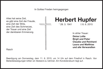 Traueranzeige von Herbert Hupfer von Der Bote