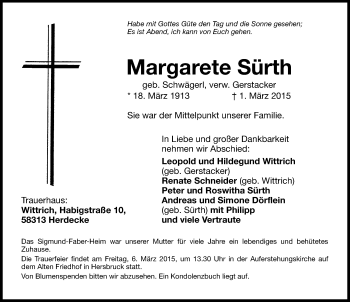Traueranzeige von Margarete Sürth von Hersbrucker Zeitung