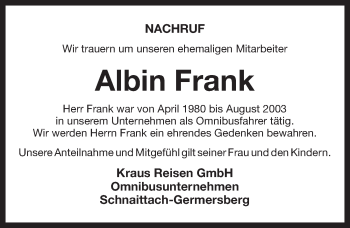Traueranzeige von Albin Frank von Pegnitz-Zeitung