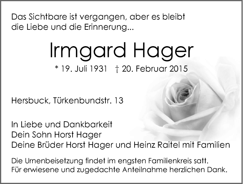  Traueranzeige für Irmgard Hager vom 28.02.2015 aus Hersbrucker Zeitung