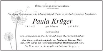 Traueranzeige von Paula Krüger von Pegnitz-Zeitung