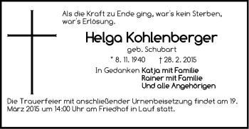 Traueranzeige von Helga Kohlenberger von Pegnitz-Zeitung