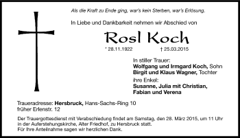 Traueranzeige von Rosl Koch von Hersbrucker Zeitung