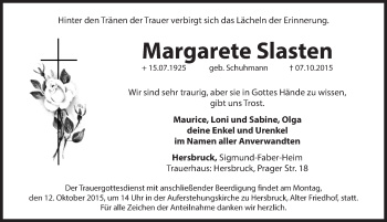 Traueranzeige von Margarete Slasten von Hersbrucker Zeitung