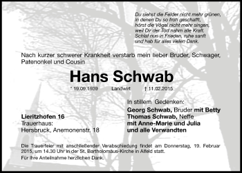 Traueranzeige von Hans Schwab von Hersbrucker Zeitung