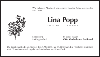 Traueranzeige von Lina Popp von Pegnitz-Zeitung